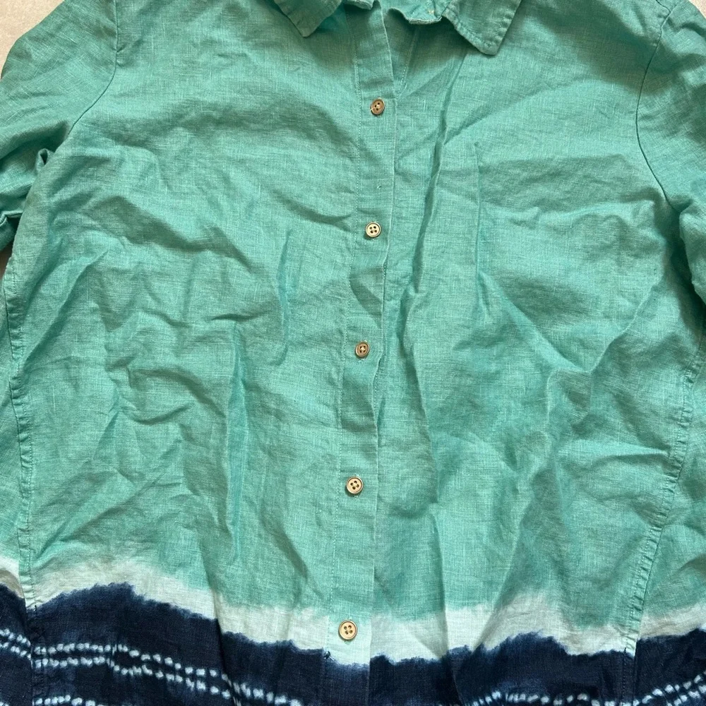 Donna Karan New York Women's Linen Lagenlook Blue Button Up Blouse - Picture 2 of 10